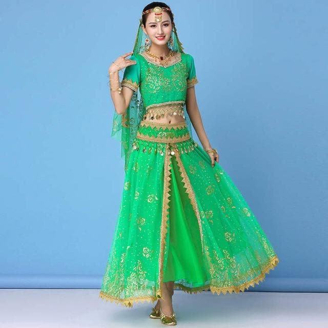 Dance Wear Women Performance Indian Sari Outfit Bollywood Belly Dance Costumes Set (Top+belt+skirt+veil+headpiece)