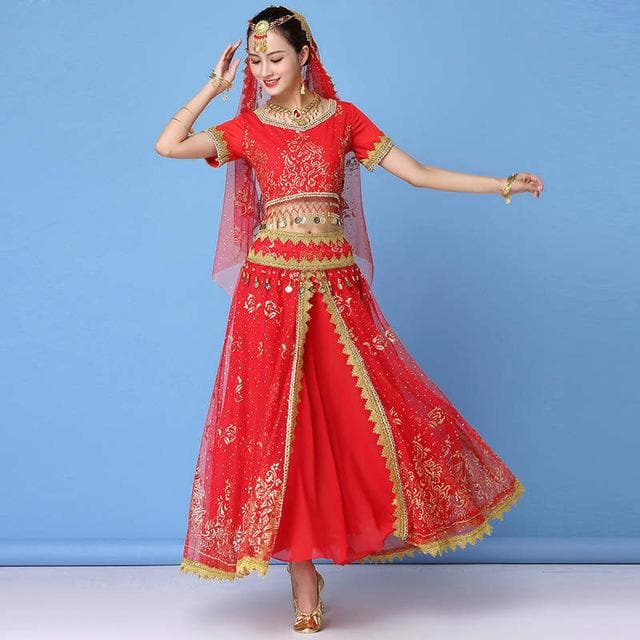 Dance Wear Women Performance Indian Sari Outfit Bollywood Belly Dance Costumes Set (Top+belt+skirt+veil+headpiece)