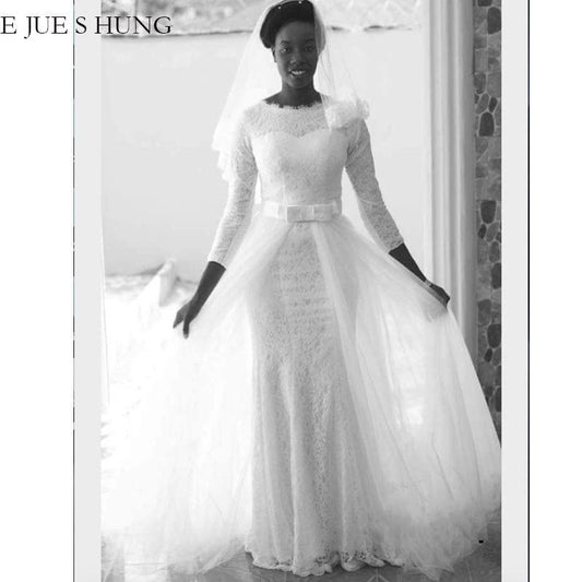 E JUE SHUNG White Lace Mermaid Wedding Dresses 3/4 sleeves Detachable Train Wedding Gowns Bride Dress robe de mariee
