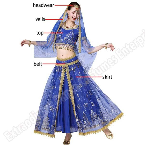 New Women Indian Belly Dance Costume Set Dance Sari Outfit Bollywood Stage Performance Chiffon Top Belt Skirt