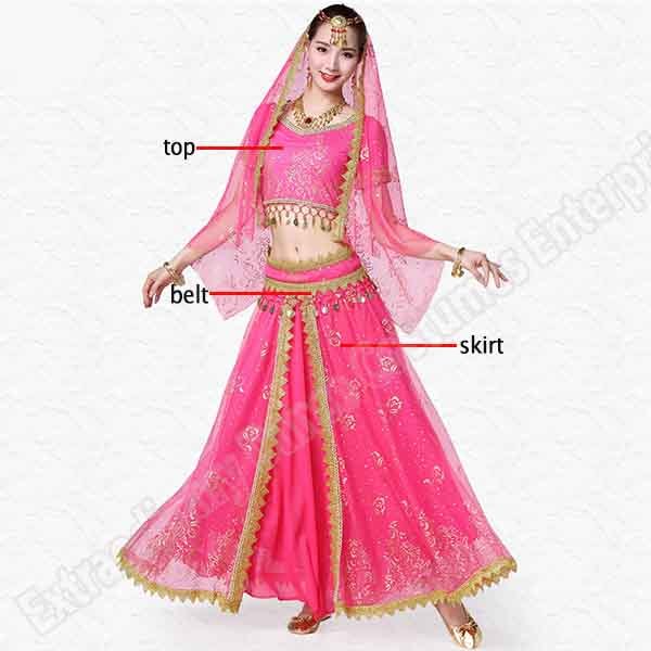 New Women Indian Belly Dance Costume Set Dance Sari Outfit Bollywood Stage Performance Chiffon Top Belt Skirt