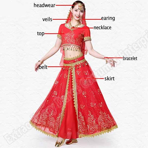 New Women Indian Belly Dance Costume Set Dance Sari Outfit Bollywood Stage Performance Chiffon Top Belt Skirt