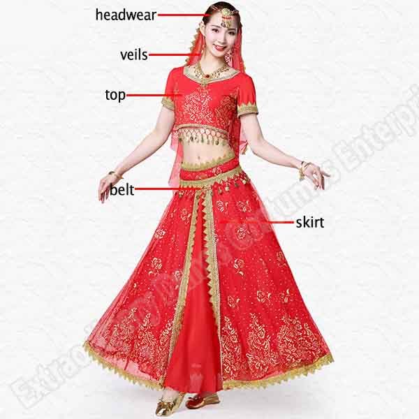 New Women Indian Belly Dance Costume Set Dance Sari Outfit Bollywood Stage Performance Chiffon Top Belt Skirt