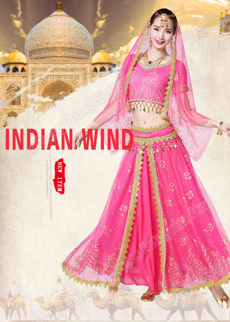 New Women Indian Belly Dance Costume Set Dance Sari Outfit Bollywood Stage Performance Chiffon Top Belt Skirt