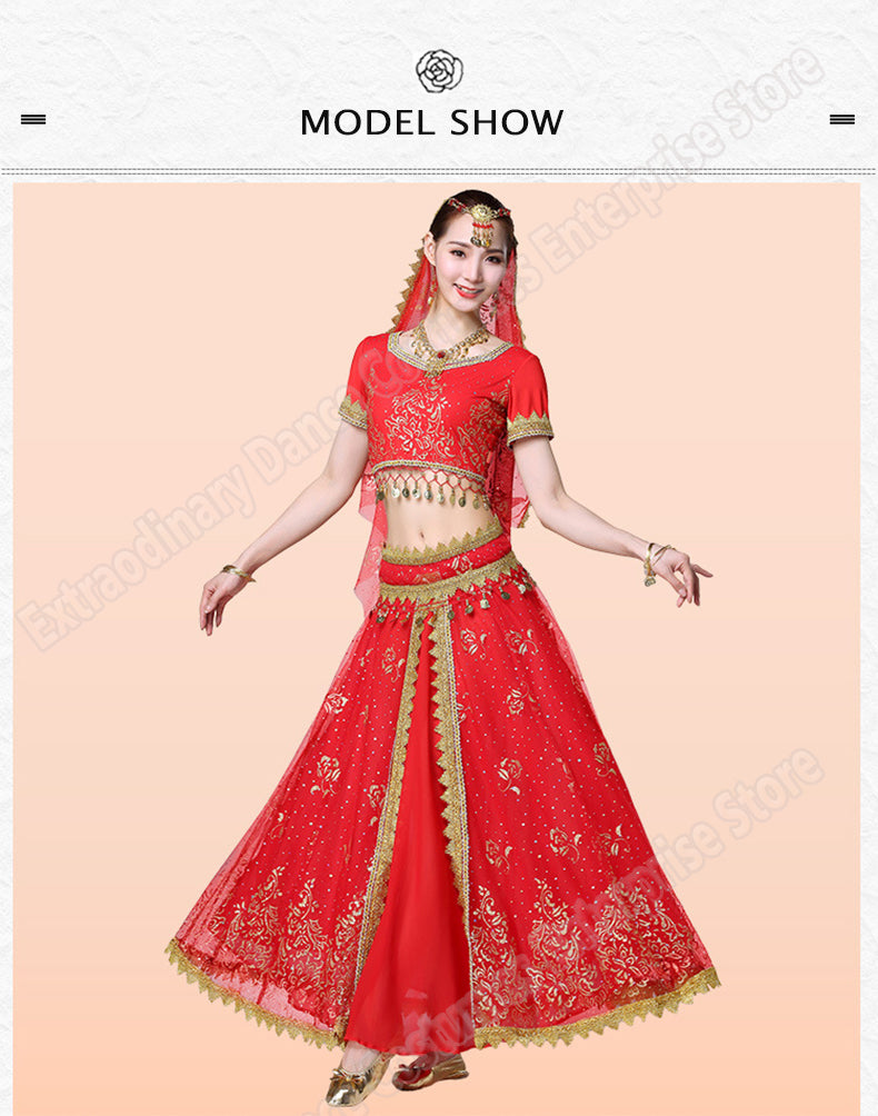 New Women Indian Belly Dance Costume Set Dance Sari Outfit Bollywood Stage Performance Chiffon Top Belt Skirt