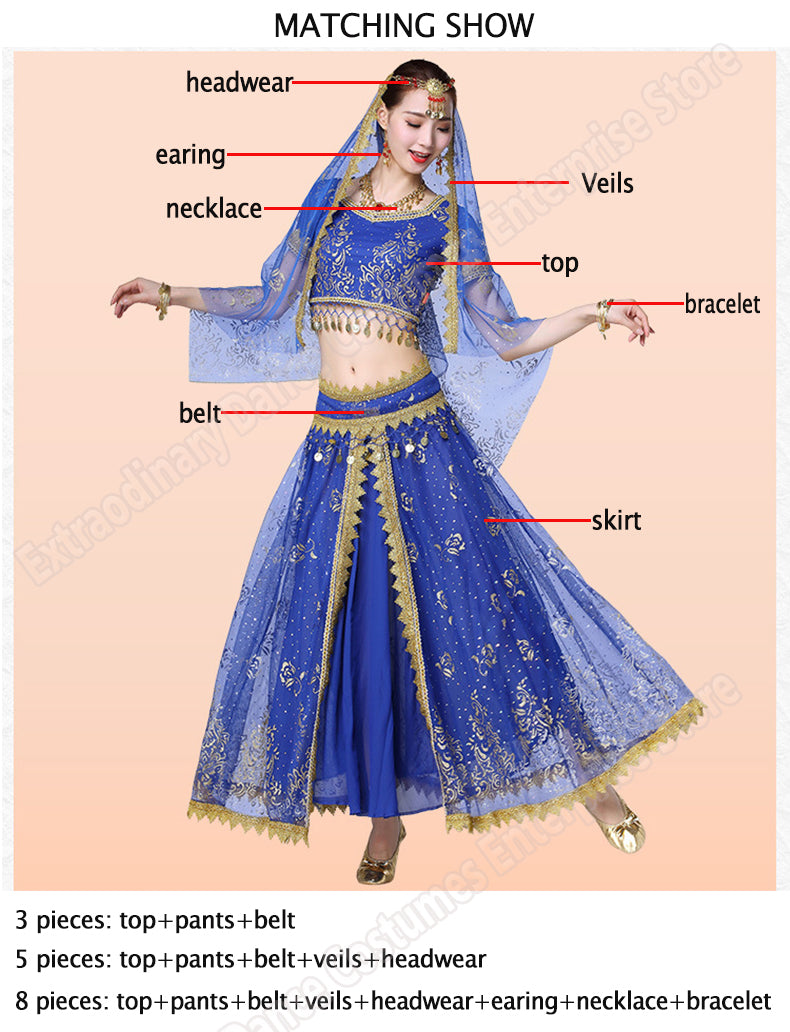 New Women Indian Belly Dance Costume Set Dance Sari Outfit Bollywood Stage Performance Chiffon Top Belt Skirt