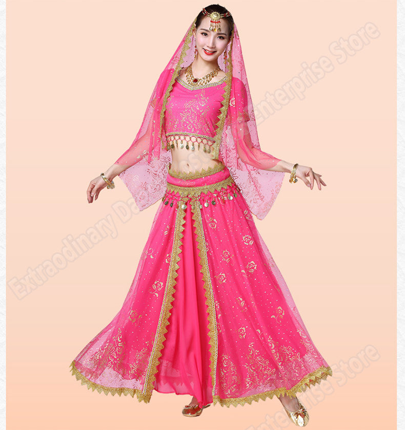 New Women Indian Belly Dance Costume Set Dance Sari Outfit Bollywood Stage Performance Chiffon Top Belt Skirt