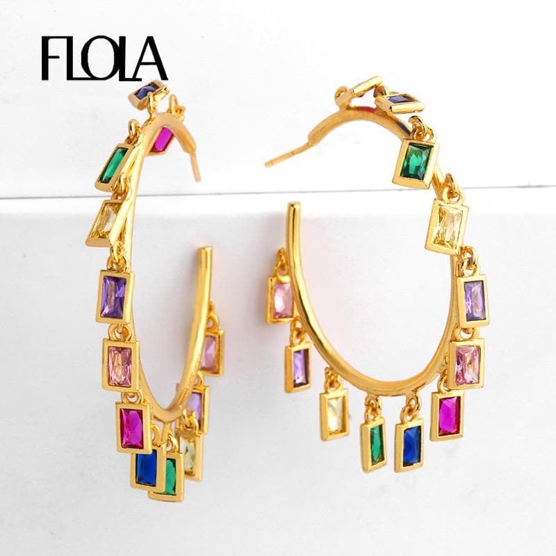 FLOLA Gold Filled Rainbow Hoop Earring with Charm Big Earing Hoop Circle Woman Rainbow Jewelry Orecchino Donna Arcobaleno ersq99
