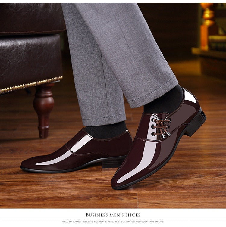 luxury Brand Men Classic Pointed Toe Dress Shoes Men's Slip-on Patent Leather Black Wedding Shoes Mens Oxford Formal Shoes