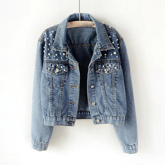 Bomber Denim Coat  Autumn Plus Size Pearl Beaded Short Denim Jackets Women S-5XL Long Sleeve Vintage Casual Jean Jacket Coat