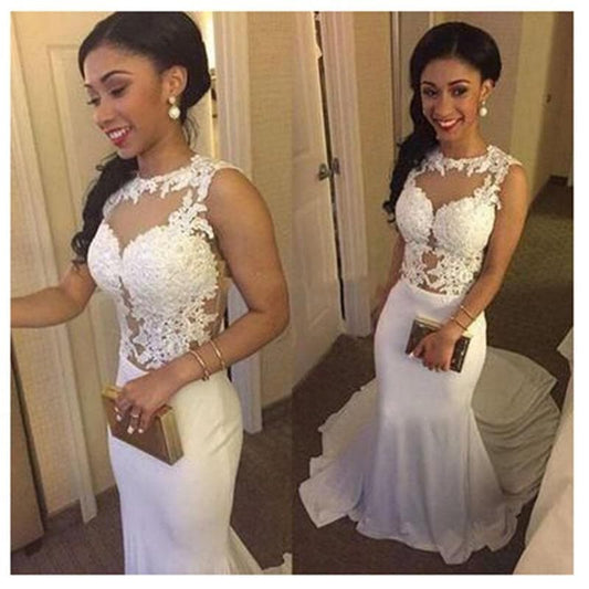 Wedding dress Appliques Lace Mermaid Wedding Gown with Train White / Ivory Backless Beach Bride Dresses