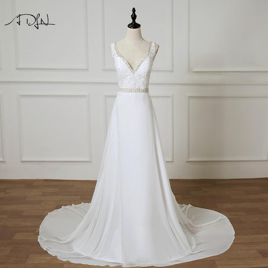 ADLN Beach Wedding Dress vestido de noiva Double V-neck Plus Size Chiffon Wedding Gowns Beaded Bohemian Bridal Dresses