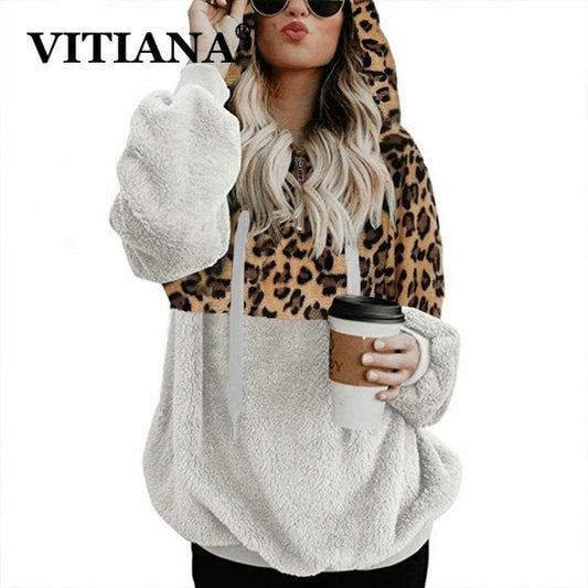 VITIANA Teddy Hoodies Sweatshirt Women Autumn  Female Long Sleeve Fleece Leopard Sort Warm Casual Hooded Femme Winter Cloth