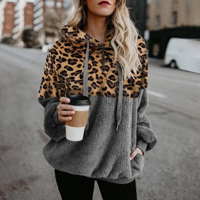 VITIANA Teddy Hoodies Sweatshirt Women Autumn  Female Long Sleeve Fleece Leopard Sort Warm Casual Hooded Femme Winter Cloth