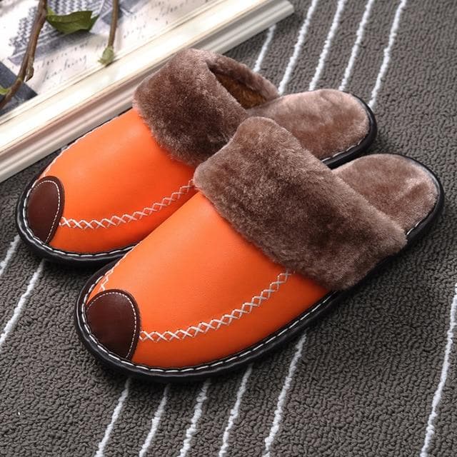 Winter Women Slippers Genuine Leather Home House Indoor Non-Slip Thermal Shoes Men  New Warm Furry Slippers Plus Size