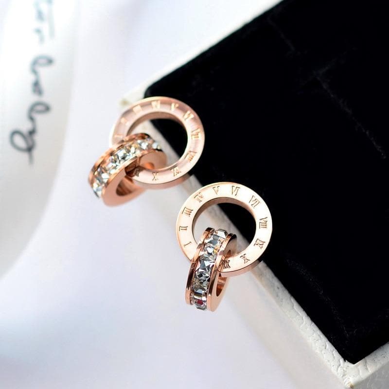 Top Quality Rose Gold Color Roman Numerals Zircon Stud Earring for Woman 316L Stainless Steel Fashion Jewelry Never Fade (GE101)