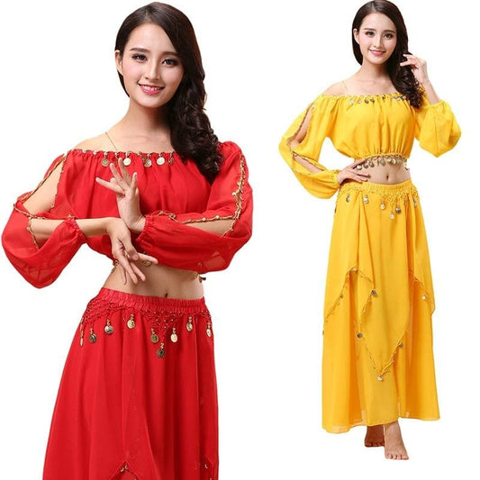 2pieces Suit Bollywood Belly Dance Costume Set Indian Dance Sari Bellydance Skirt Suit Women Chiffon 2pcs (Top  Skirt)