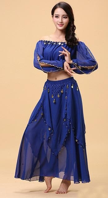 2pieces Suit Bollywood Belly Dance Costume Set Indian Dance Sari Bellydance Skirt Suit Women Chiffon 2pcs (Top  Skirt)