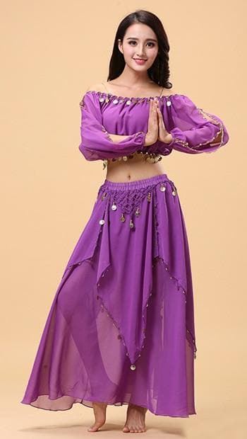 2pieces Suit Bollywood Belly Dance Costume Set Indian Dance Sari Bellydance Skirt Suit Women Chiffon 2pcs (Top  Skirt)