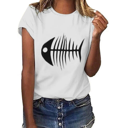 Hillbilly harajuku Women's T-shirts Funny Fish bones Printed T Shirts Summer Fashion Short Sleeve solid Cotton