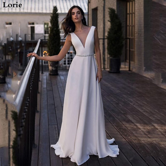 Lorie Beach Wedding Dress A-Line Wedding Gown White Ivory Custom made Boho Wedding Gown Backless Simple V-Neck Bridal Dresses