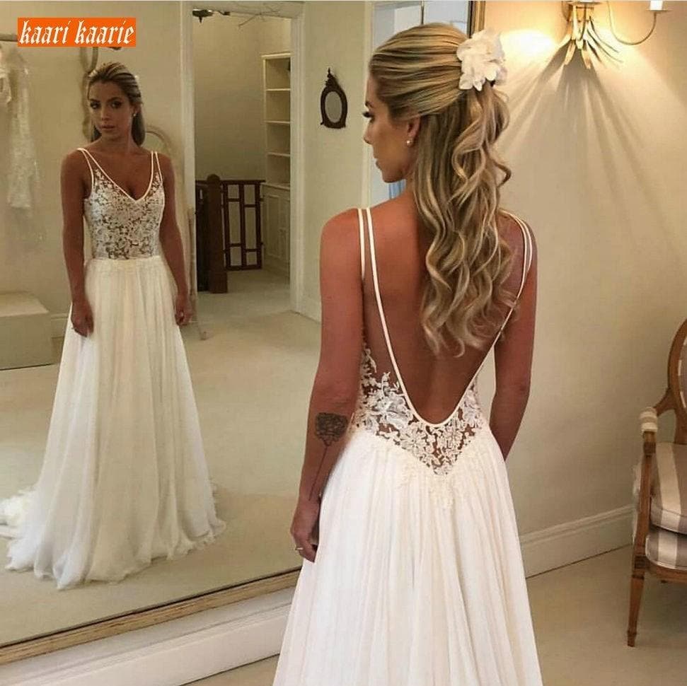 Elegant Boho V Neck Bride Dresses Long New Chiffon Backless Wedding Gowns Sleeveless Appliques Top Lace Beach Wedding Dress