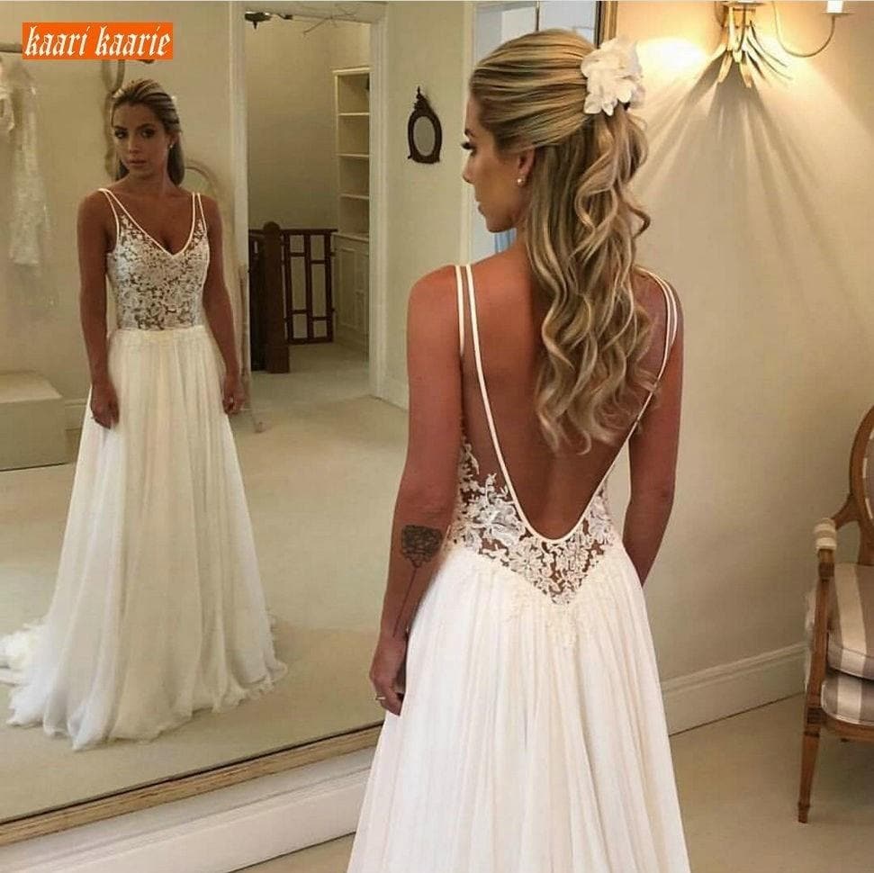 Elegant Boho V Neck Bride Dresses Long New Chiffon Backless Wedding Gowns Sleeveless Appliques Top Lace Beach Wedding Dress