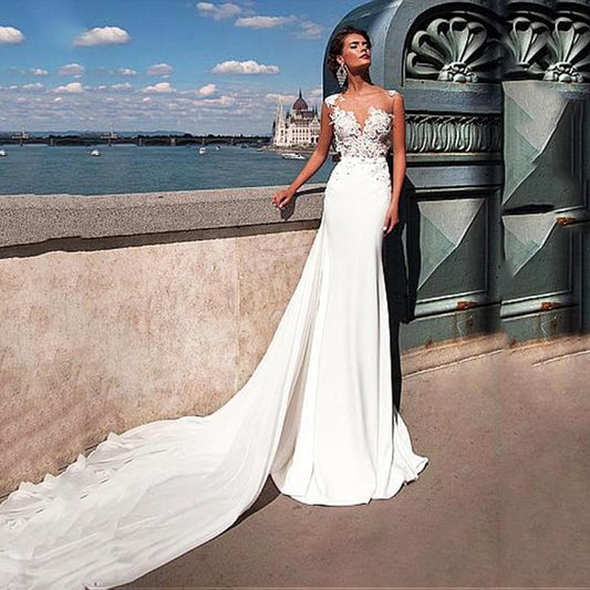 Beautiful Wedding Dresses Lace Top Mermaid Wedding Gown White Chiffon Bride Dress