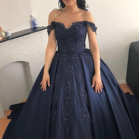 Off Shoulder Lace Applique Navy Blue Wedding Dress Turkey wedding Gown Vestido De Noiva