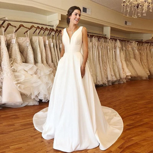 Cheapest A-line Wedding Dresses Elegant V-neck White Ivory Satin Vestido De Novia Backless Wedding Gowns Chapel Train