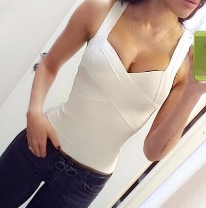 Women Top White Elastic Strap Bandage Vest Tank Tops