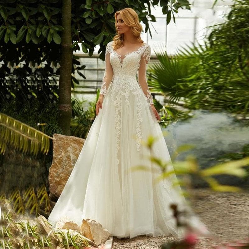 Eightale Wedding Dress Long Sleeves V-Neck Appliques Lace Wedding Gowns 2020 Boho Plus Size Bride Dress vestido de noivas