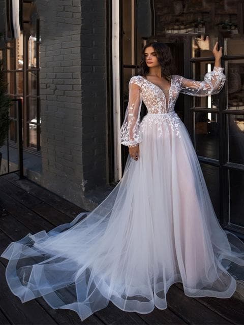 LORIE Boho Wedding Dress Puff Long Sleeves A-Line Appliques Floor Length Bride Dress Custom Made Princess Wedding Gown