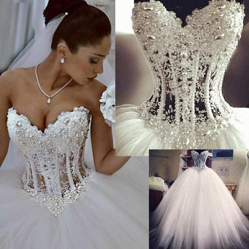 New Princess Vestido De Noiva Ball Gown Wedding Dresses Sweetheart Fluffy Lace Beading Crystal Luxury Vintage Wedding Gowns