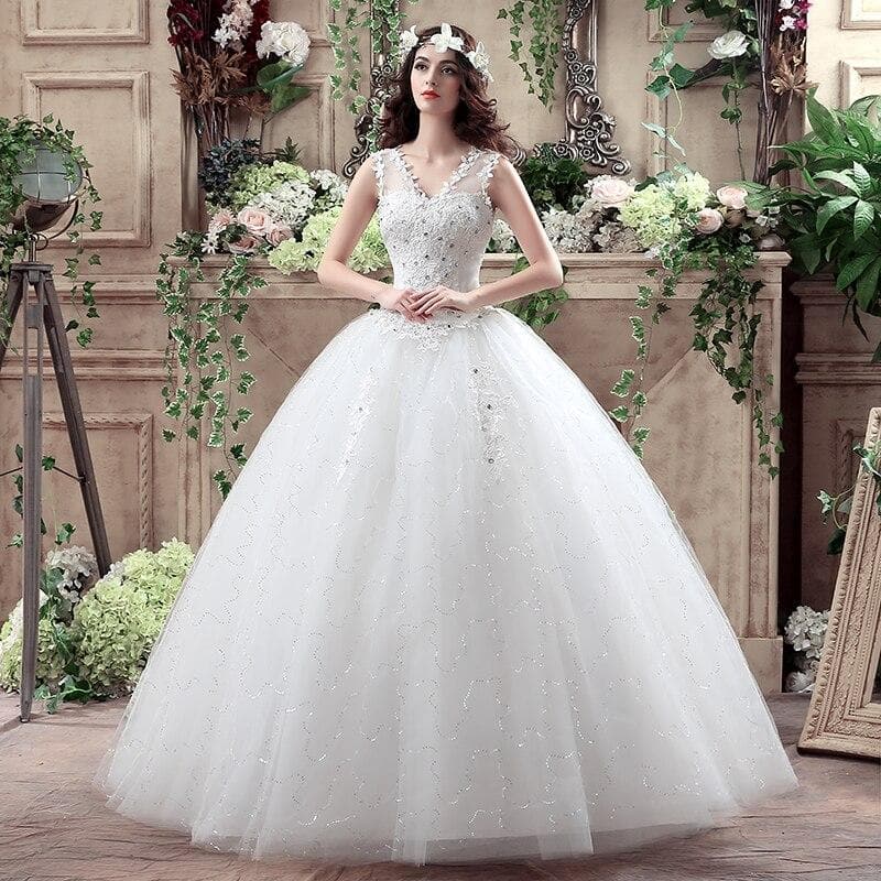 Princess Wedding Dress V-neck New Lace Wedding Gowns Cheap Ball Gown Lace Up Formal Bride Dresses Wedding Dress