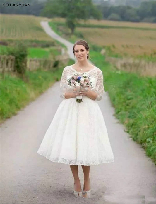 2020 Plus Size Lace Short Wedding Dresses Tea Length Long Sleeves Beach Wedding Gown Beach Wedding Bridal Gowns Covered Buttons