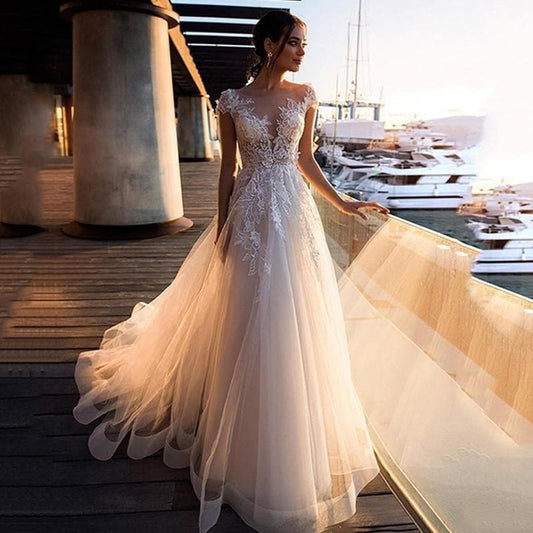 Eightree Beach Boho Wedding Dress Lace Appliques Flowers Tulle Wedding Gown Bohomian A Line Bride Dress Long Vestido de noiva