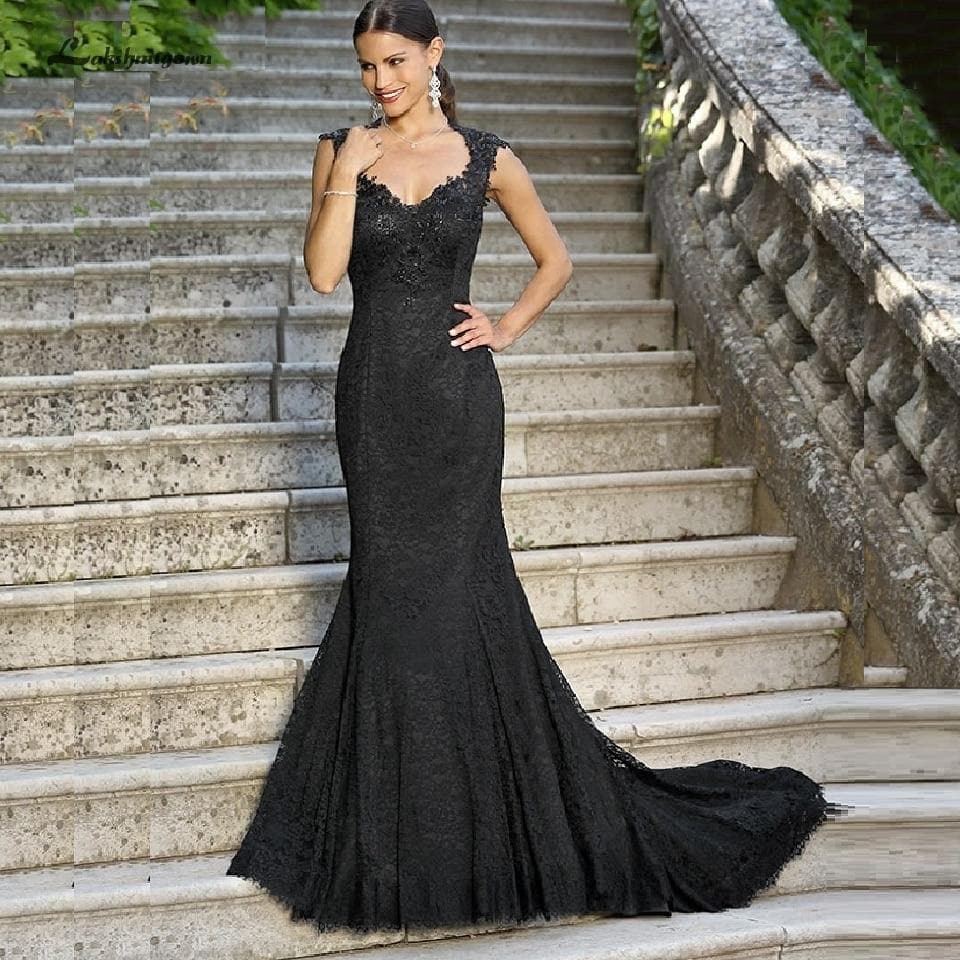 Lakshmigown Gothic Black Mermaid Wedding Dresses 2020 New Style Sexy Bridal Wedding Gowns Sheer Buttons Back Vestido de Novia