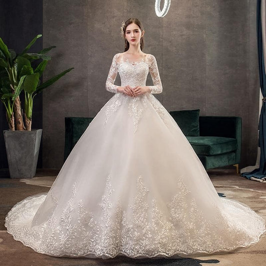 Mrs Win Full Sleeve Muslim Lace Wedding Dresses With Big Train New Luxury Ball Gown Wedding Dress Vestido De Noiva X