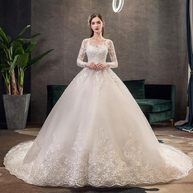Mrs Win Full Sleeve Muslim Lace Wedding Dresses With Big Train New Luxury Ball Gown Wedding Dress Vestido De Noiva X