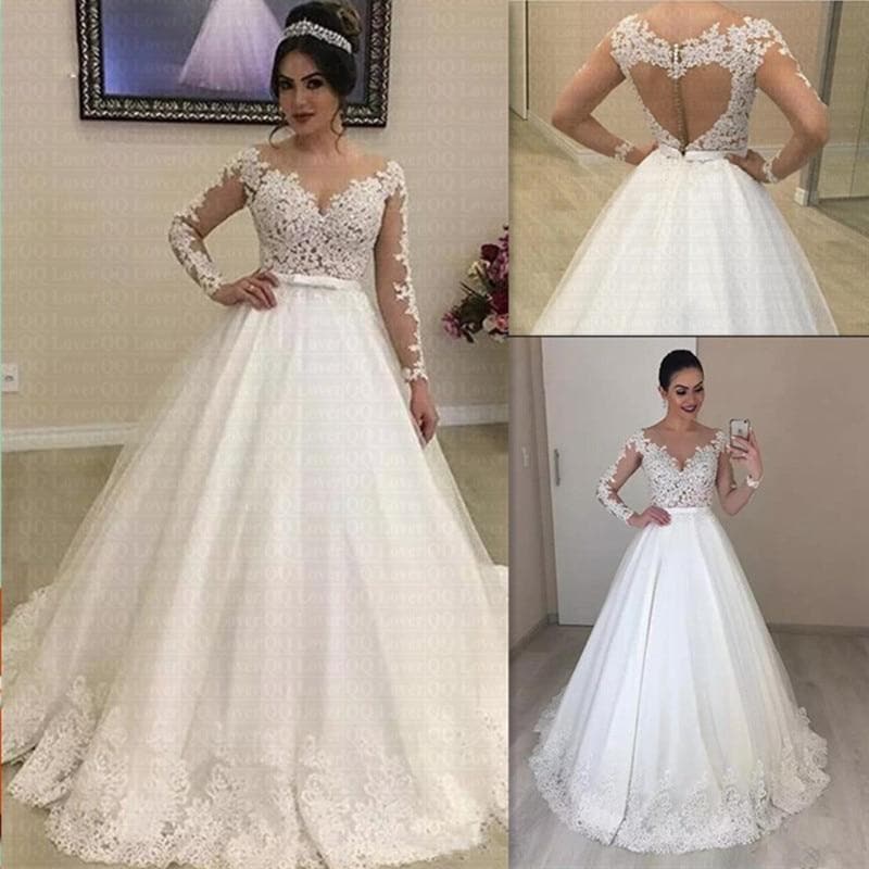 Appliques Long Sleeves Vestido De Noiva Amazing Open Back Lace Wedding Dress Bow Wedding Gown Bridal Dress