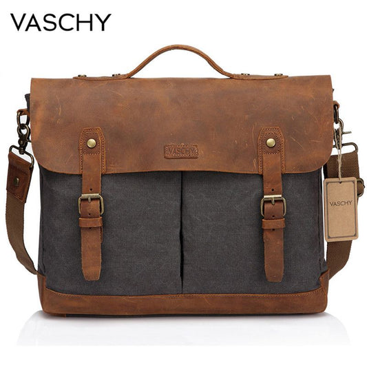 Premium Quality VASCHY Casual Unisex Briefcase Business Messenger Bag Cowhide Leather Canvas Shoulder Bag 15.6 inch Laptop Handbag for Men/Women