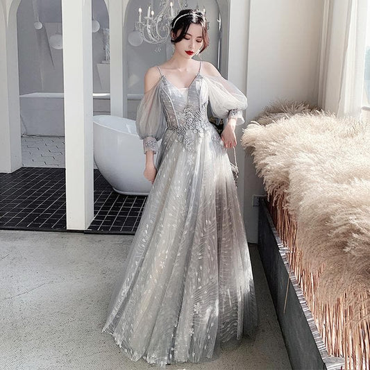 Bridesmaid Dresses Fog Appliques Sequin Wedding Guest Dress Sexy V-Neck Sleeveless Vestidos Floor Length Elegant Gowns R070
