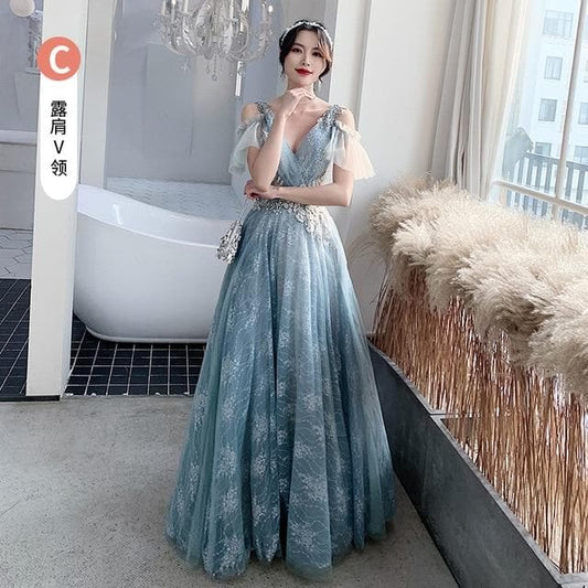 Bridesmaid Dresses Fog Blue A Appliques Sequin Wedding Guest Dress Sexy V-Neck Sleeveless Vestidos Floor Length Elegant Gowns R070