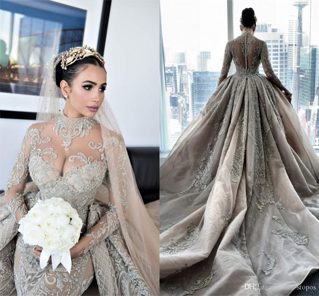 Exquisite Royal Excellent Quality Luxury Crystal Beaded Mermaid Wedding Dresses With Detachable Train High Neck Long Sleeves