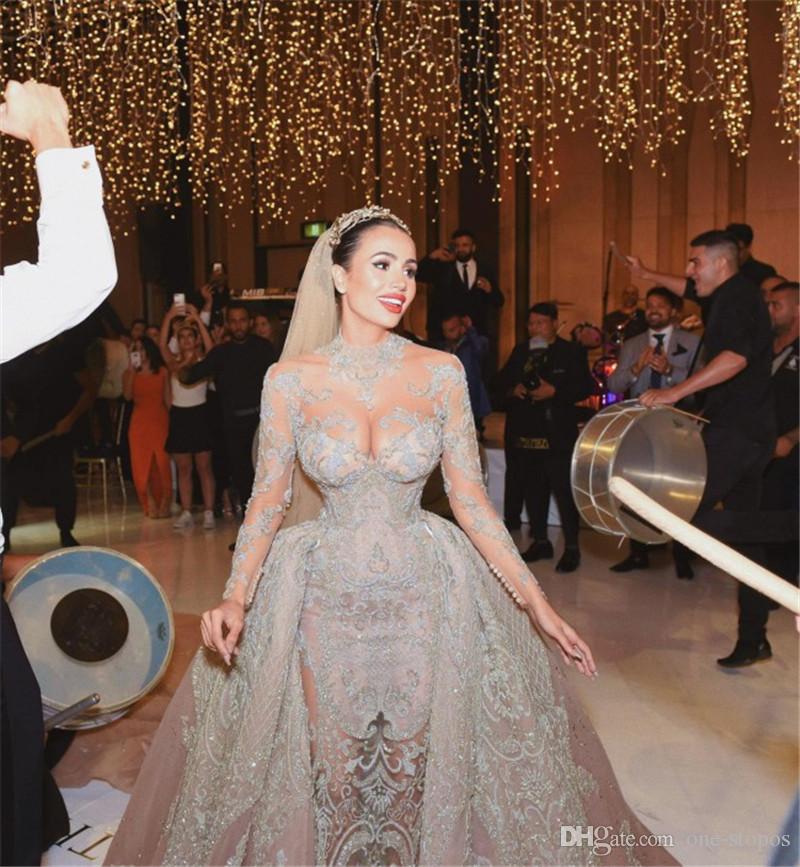 Exquisite Royal Excellent Quality Luxury Crystal Beaded Mermaid Wedding Dresses With Detachable Train High Neck Long Sleeves