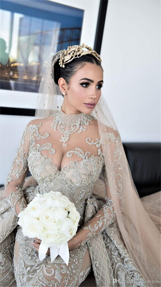 Exquisite Royal Excellent Quality Luxury Crystal Beaded Mermaid Wedding Dresses With Detachable Train High Neck Long Sleeves