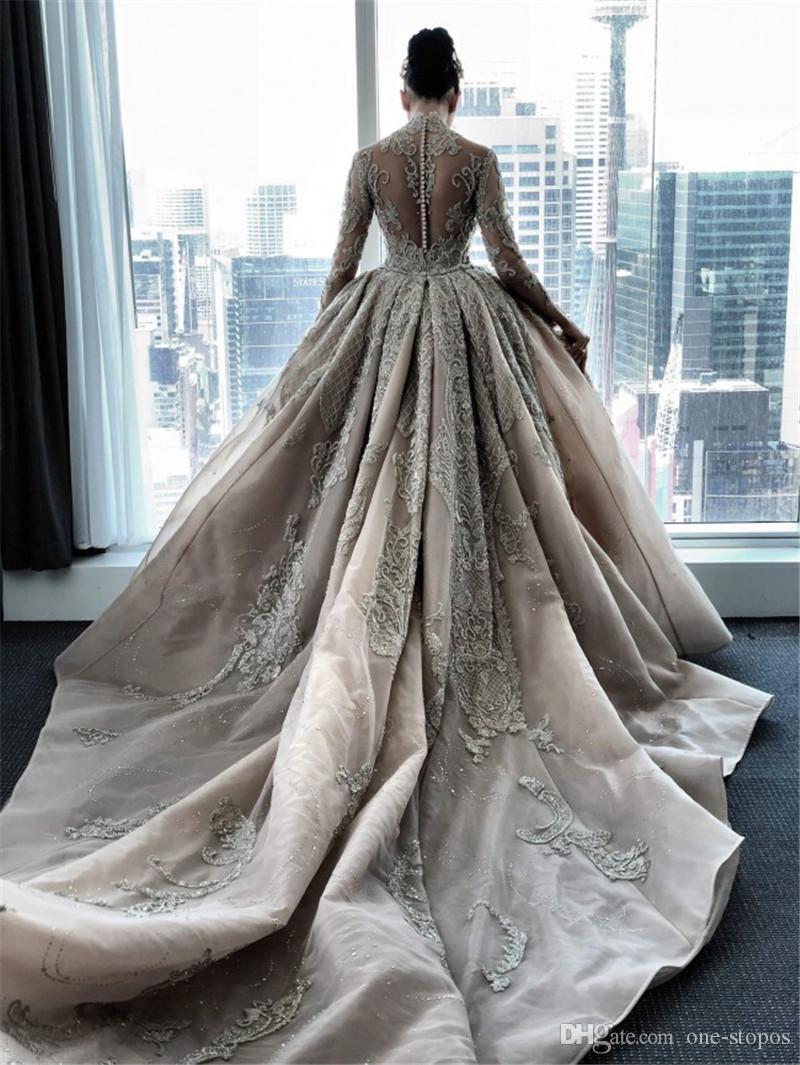 Exquisite Royal Excellent Quality Luxury Crystal Beaded Mermaid Wedding Dresses With Detachable Train High Neck Long Sleeves
