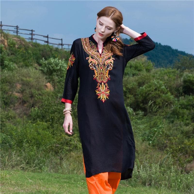 Indian Dress Kurti for Women Cotton Embroidered Long Blouse Black Indiana Dress for Women Kurtis India Kurta Pakistani Dress