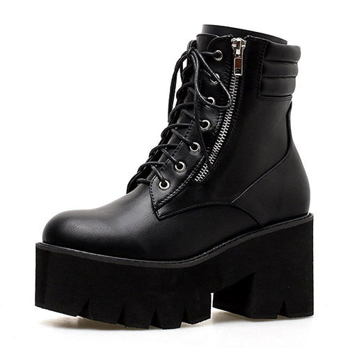 Ankle Boots For Women Motorcycle Boots Chunky Heels Casual Lacing Round Toe Platform Boots Shoes